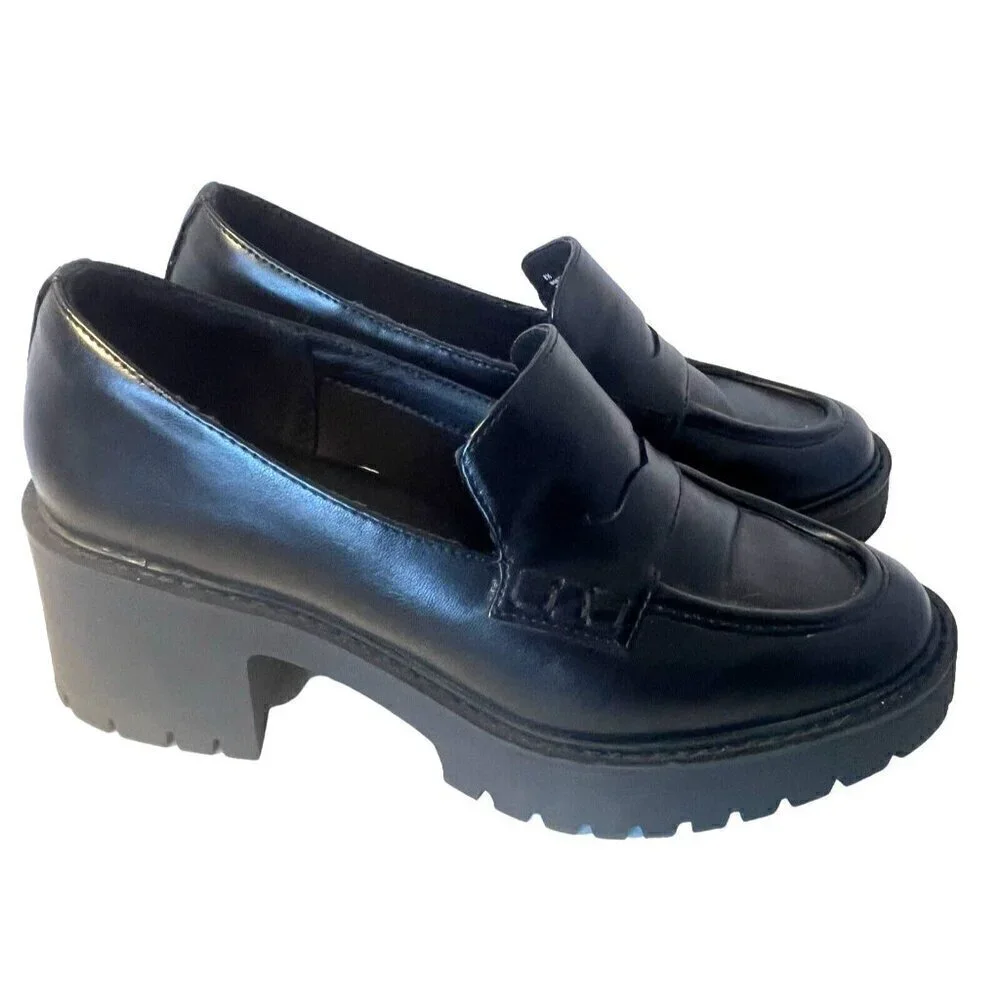 Womens 8.5 Chunky Platform Slip On Penny Loafer Black Faux Leather Lug Soles